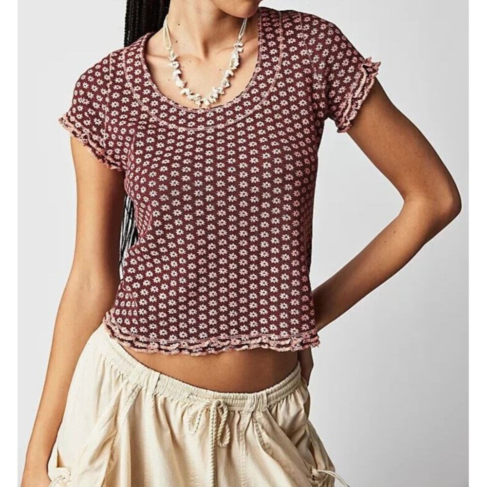 Free People Garner Tee Blouse Top Short Sleeve Floral Printed Ruffle XS 286819